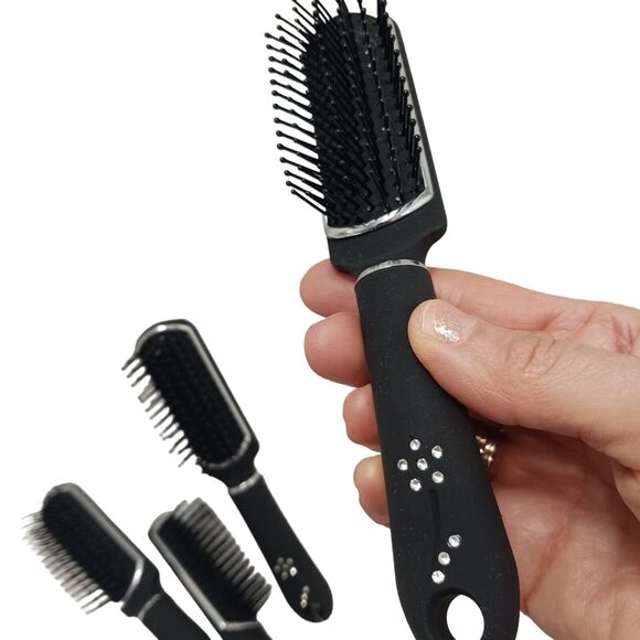 Pro Salon Flat Hair Brush TEASE STYLING Black RHINESTONES Handle Fancy 7" Hairdo - Picture 8 of 10